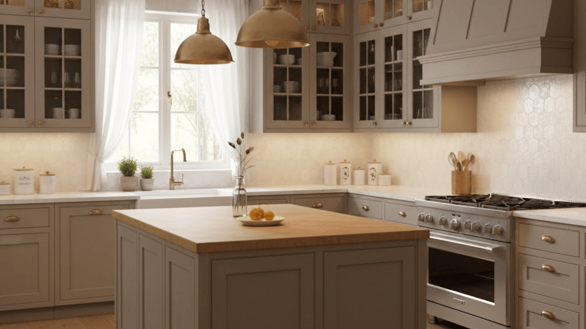 10 taupe cabinets with glass fronts