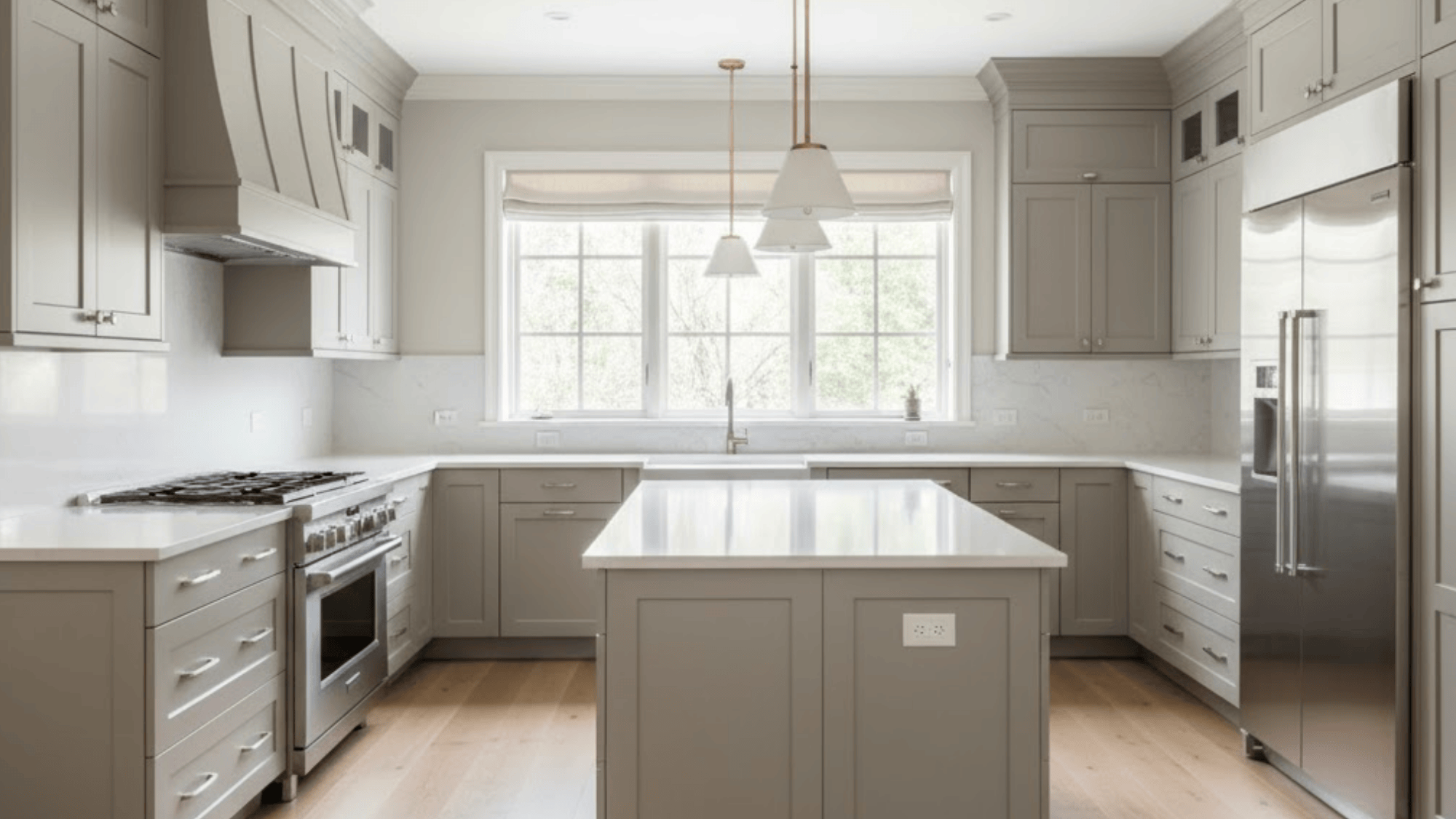 11 greige taupe cabinets with white quartz
