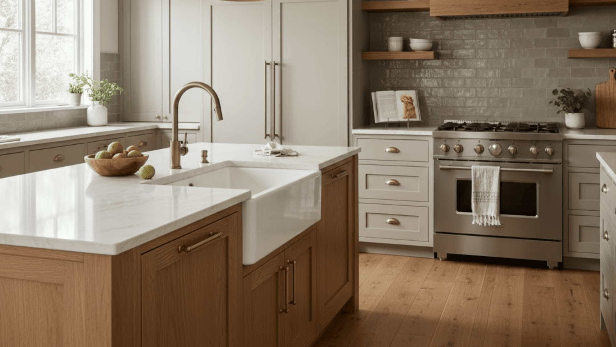 12 taupe cabinets with natural wood flooring