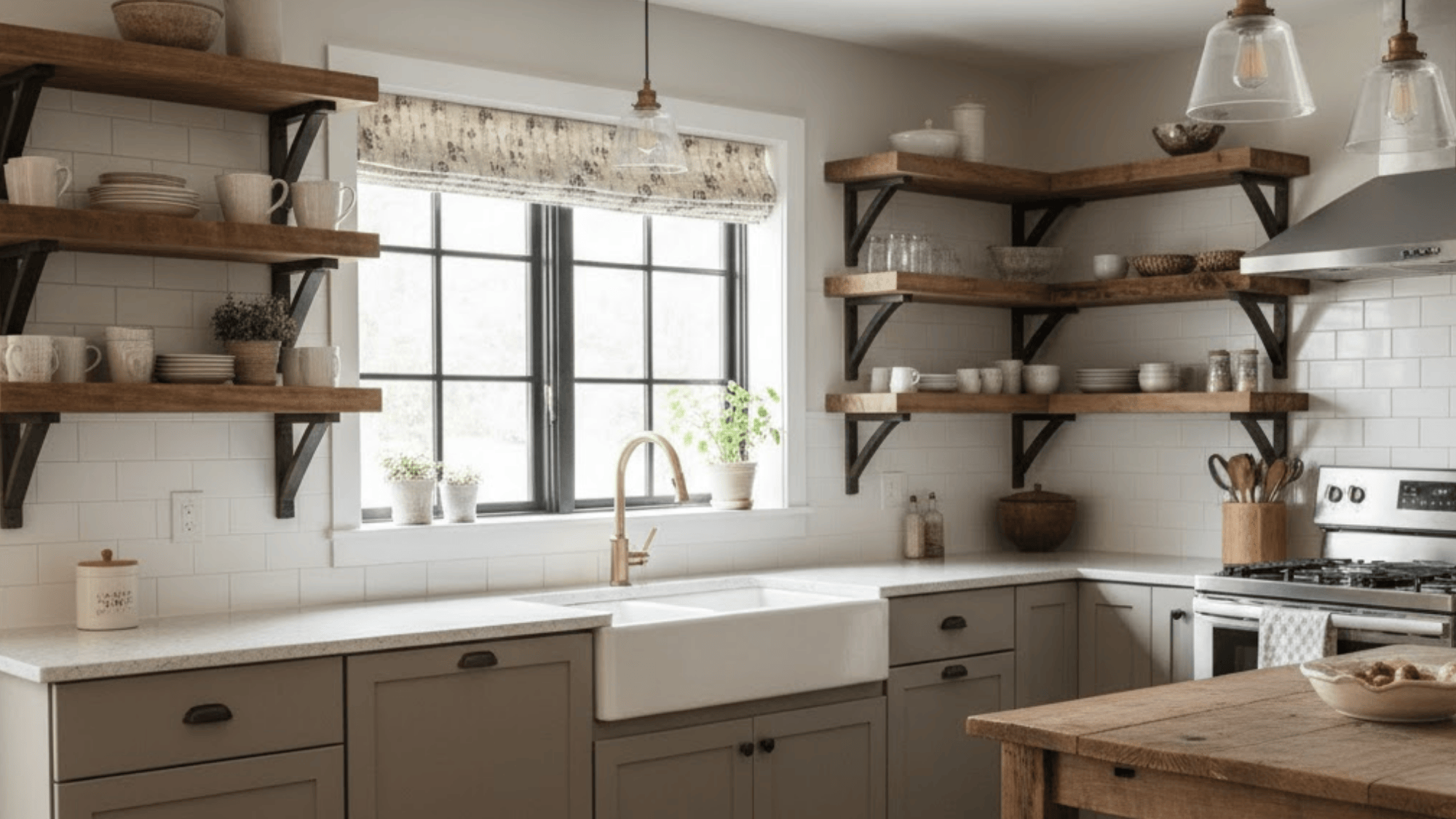 14 taupe cabinets with open shelving
