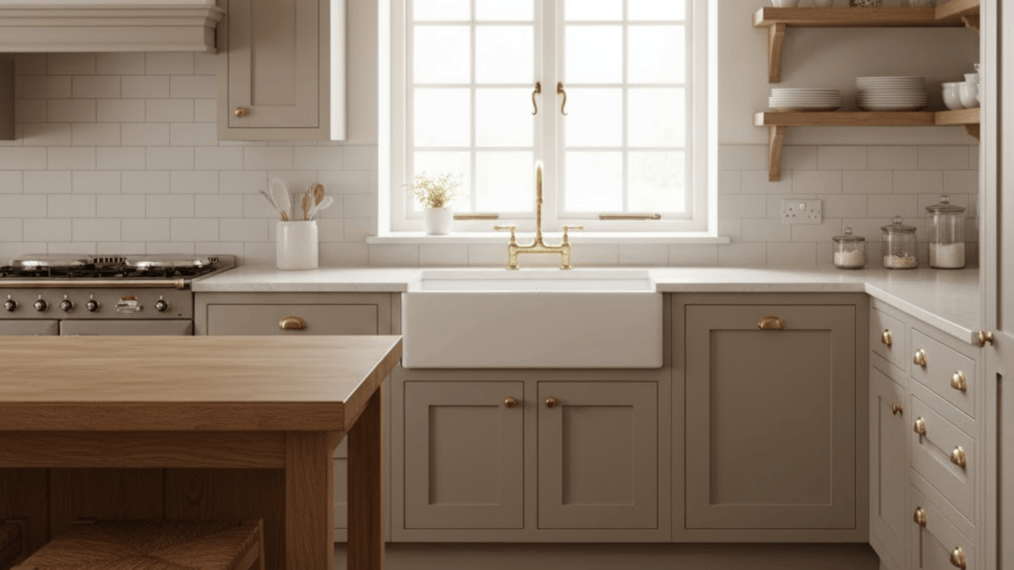 15 farmhouse taupe cabinets with apron sink