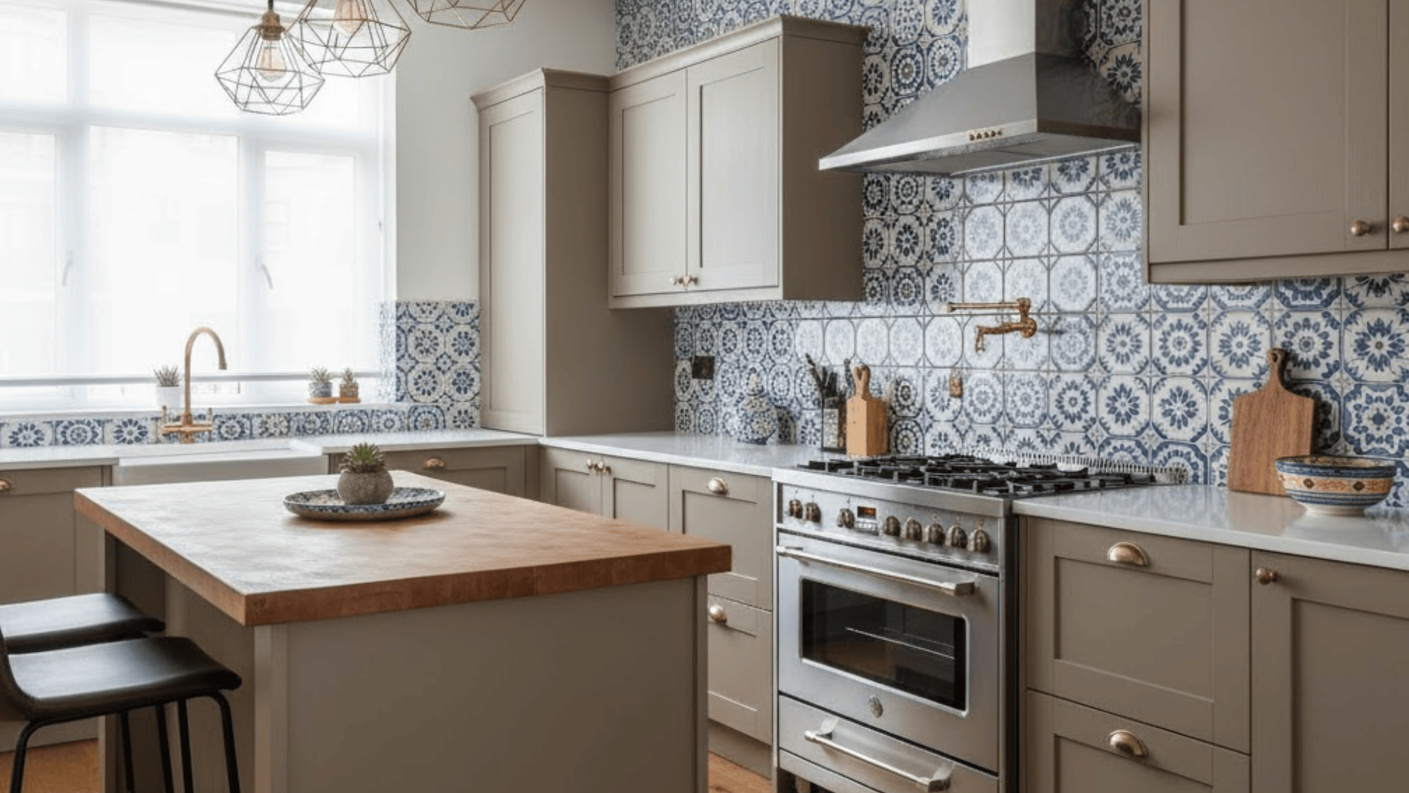 17 taupe cabinets with bold backsplash