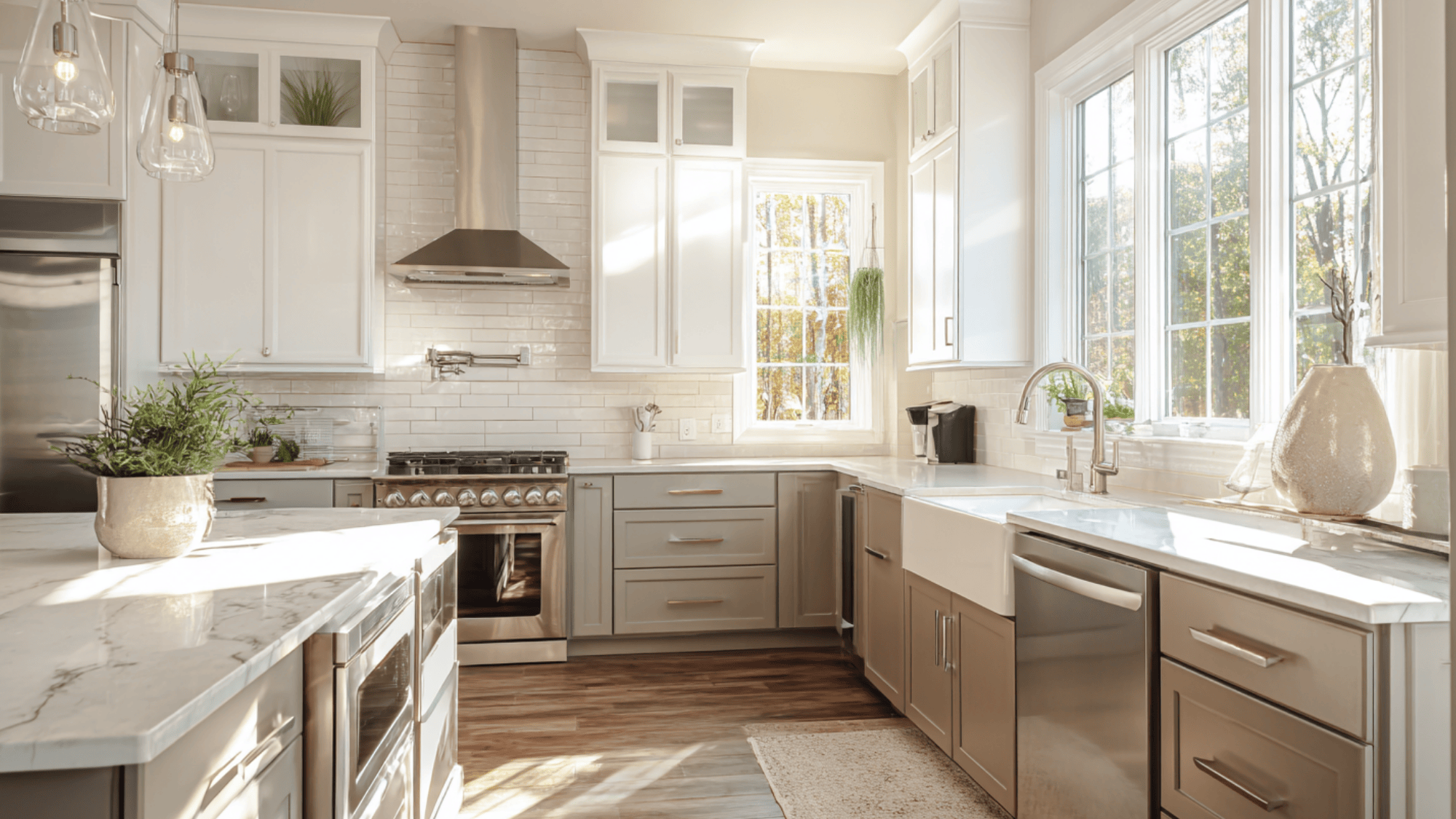 2 two tone taupe and white cabinets