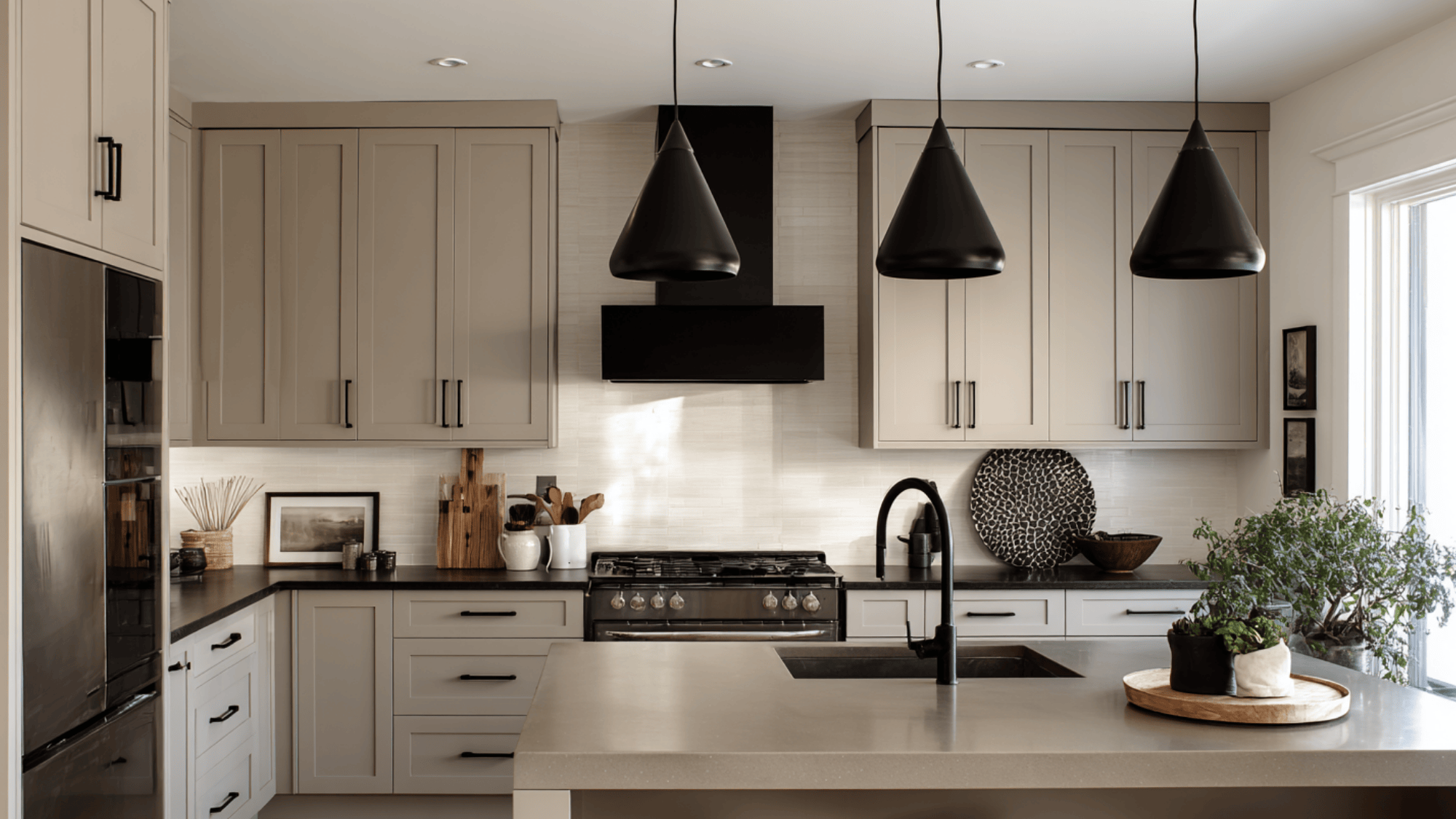 20 taupe cabinets with matte black fixtures