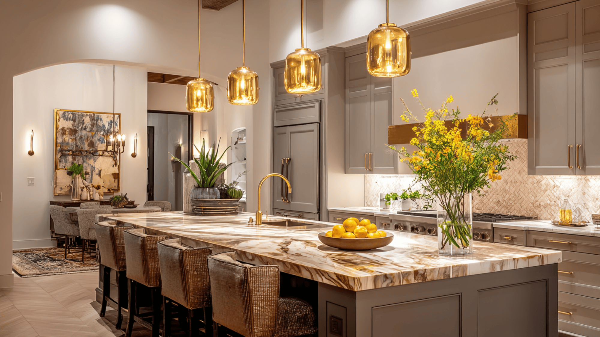 21 taupe cabinets with brass pendant lighting