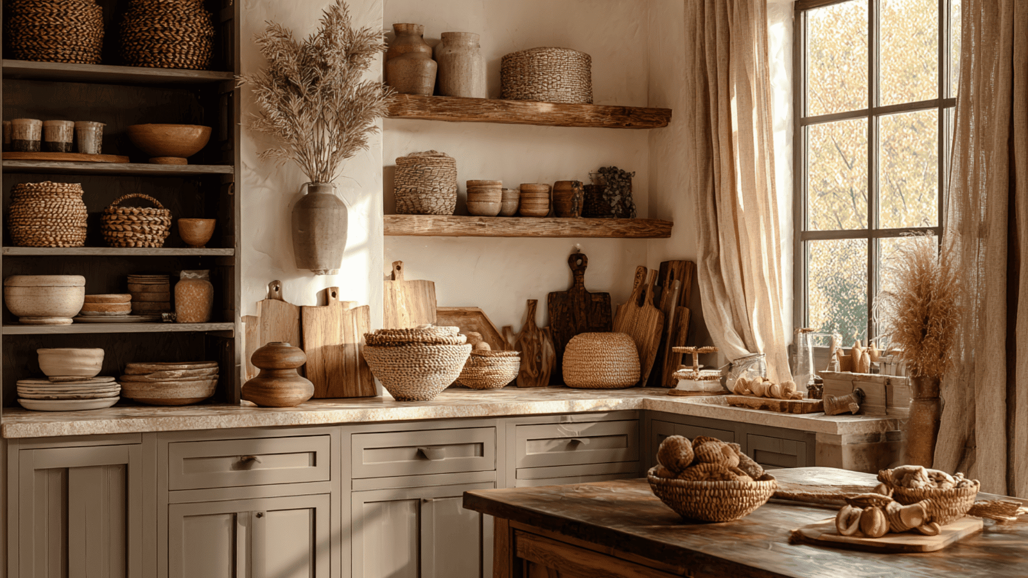 24 taupe cabinets with textured accessories