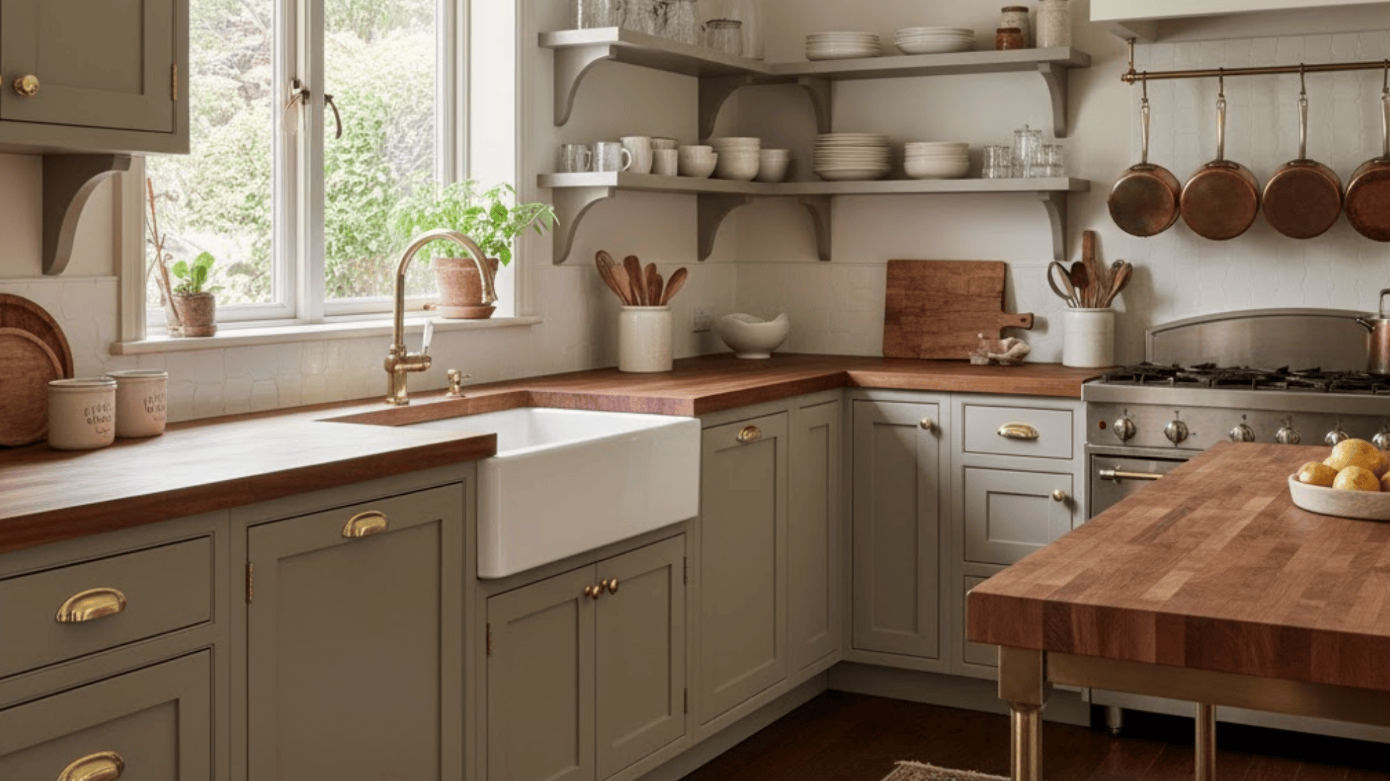 26 taupe cabinets with butcher block countertops