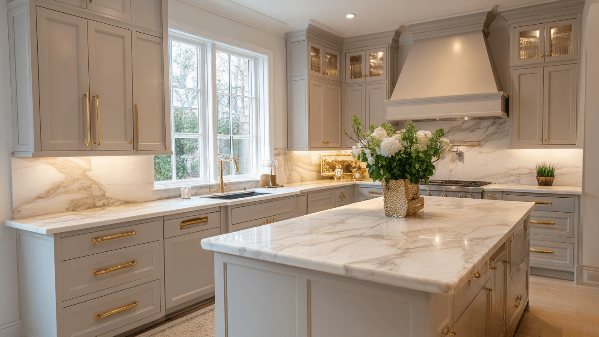 3 taupe greige cabinets with brass hardware