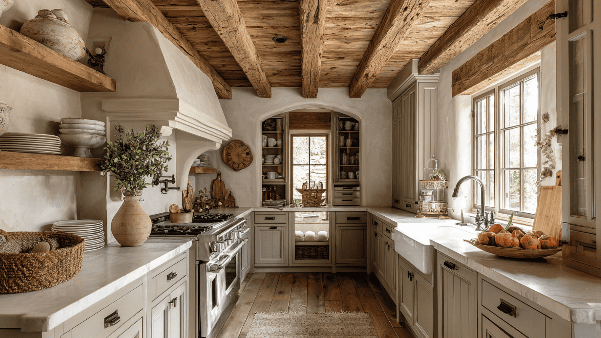 4 rustic taupe cabinets with wood beams
