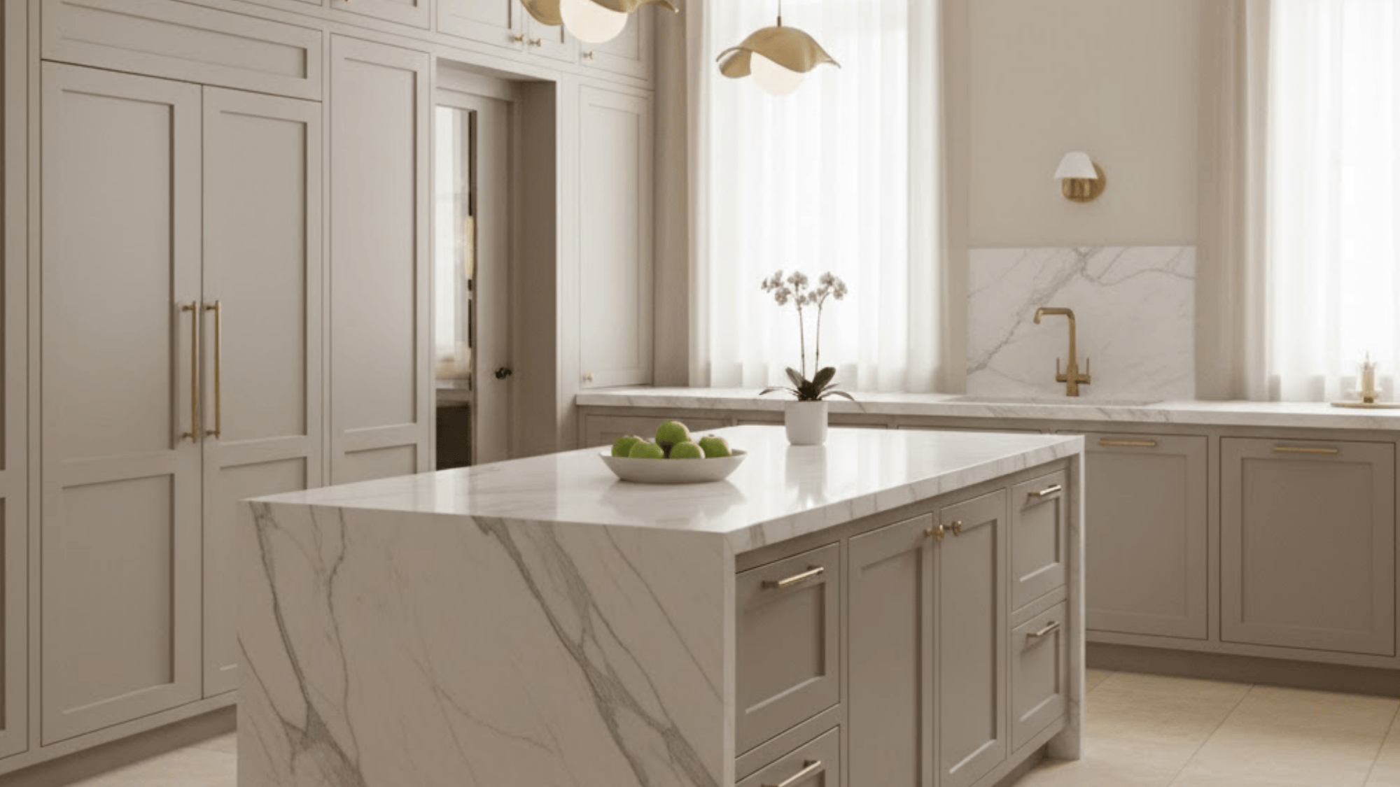 6 taupe cabinets with marble countertops