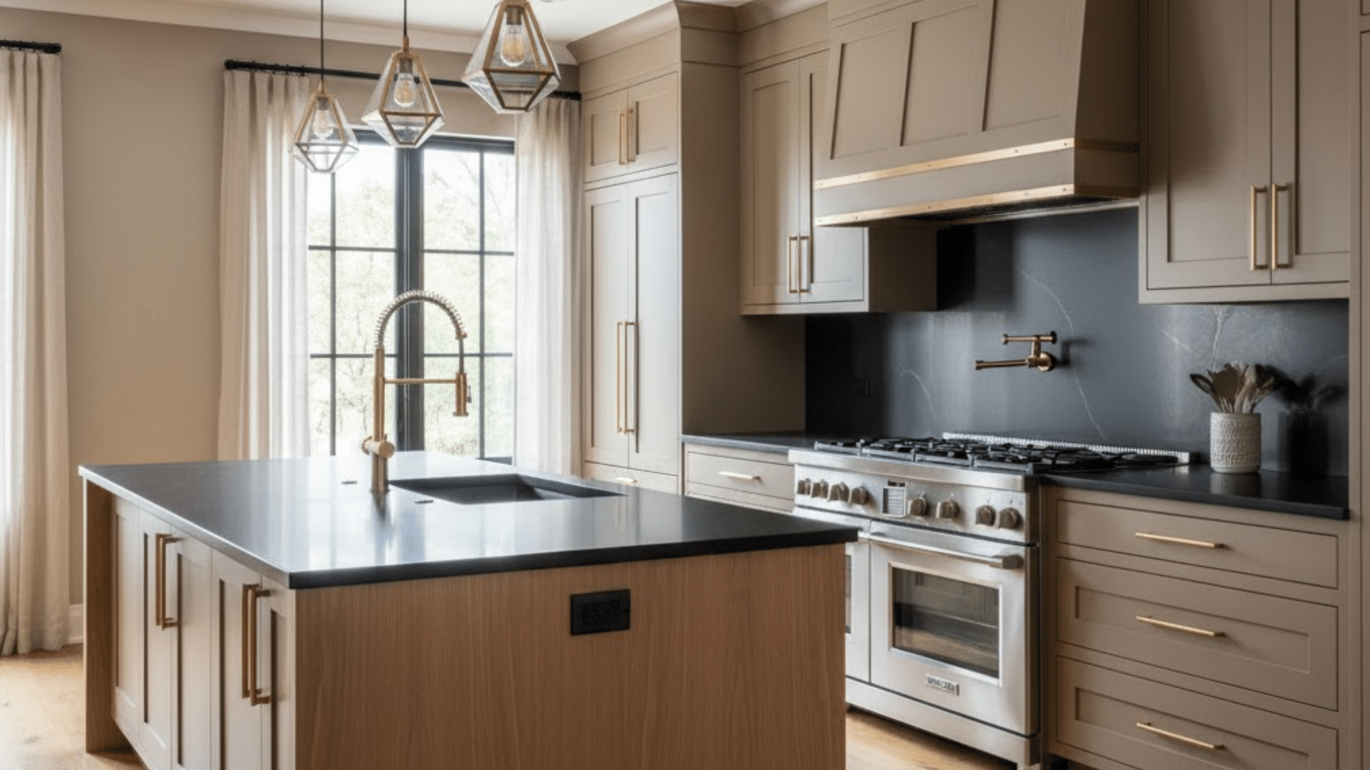 7 taupe cabinets paired with black countertops