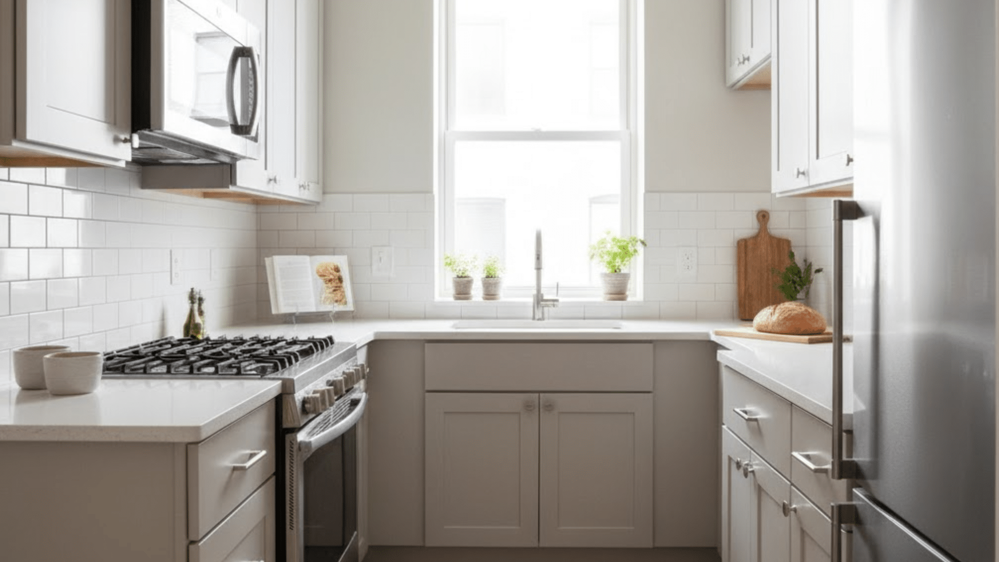 8 light taupe cabinets in small kitchens