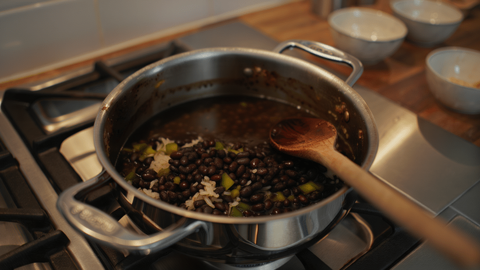 add the beans and liquid to make arroz congri