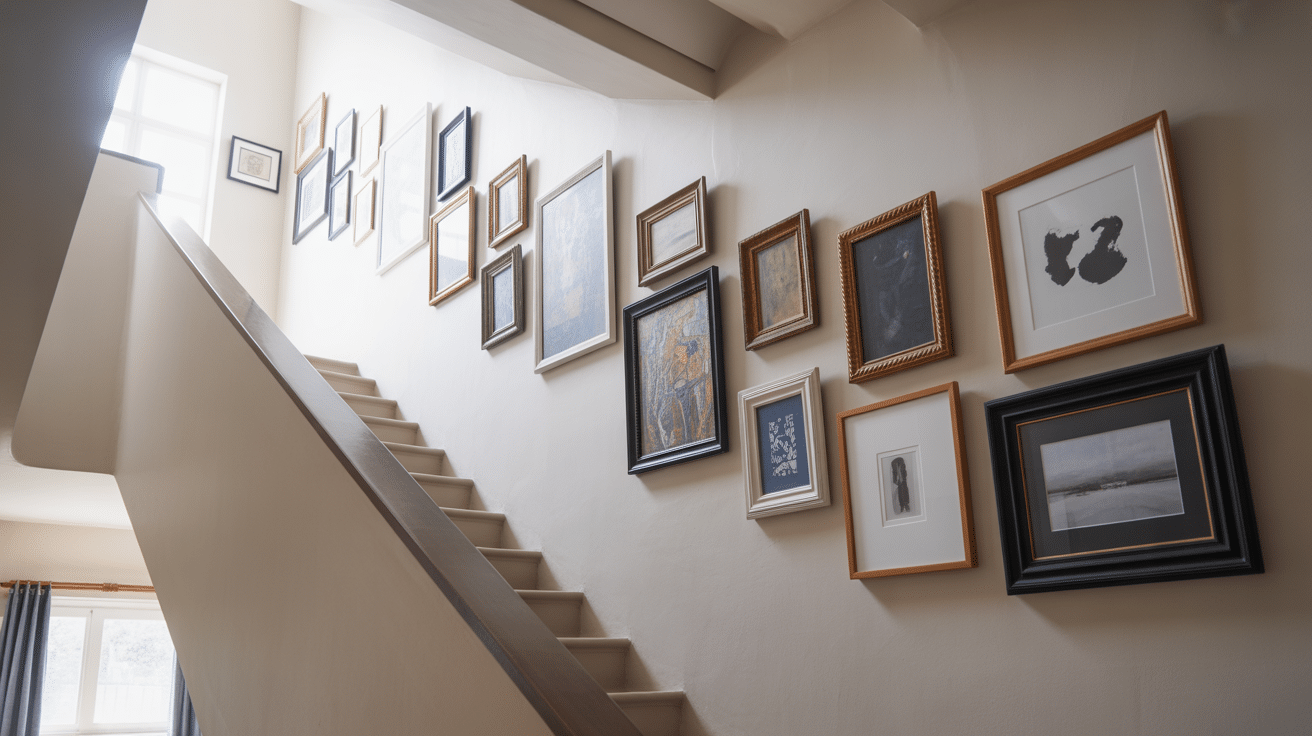 stair case art work hang