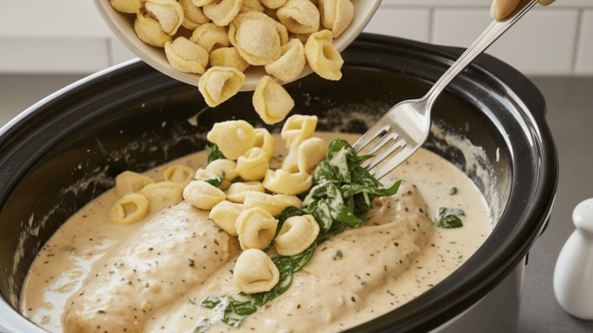 step 4 add tortellini and spinach