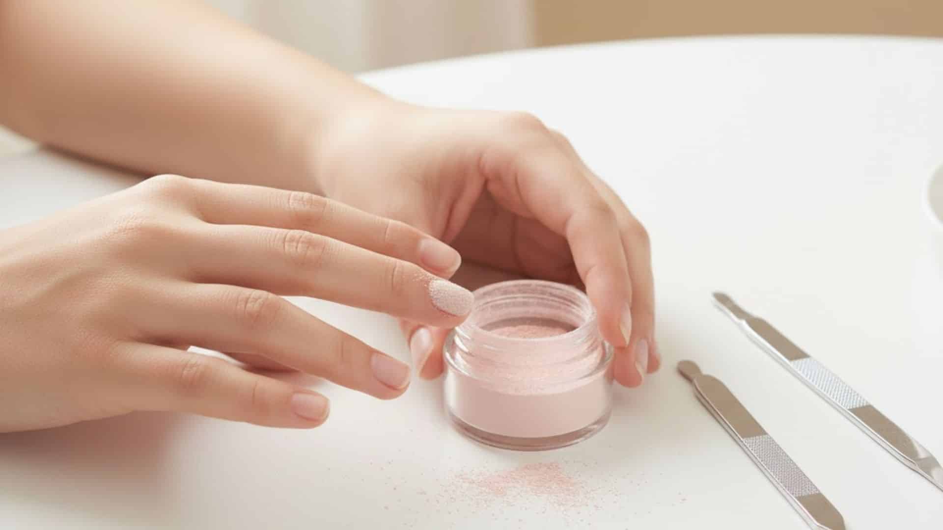 step three dipping or brushing powder onto nails