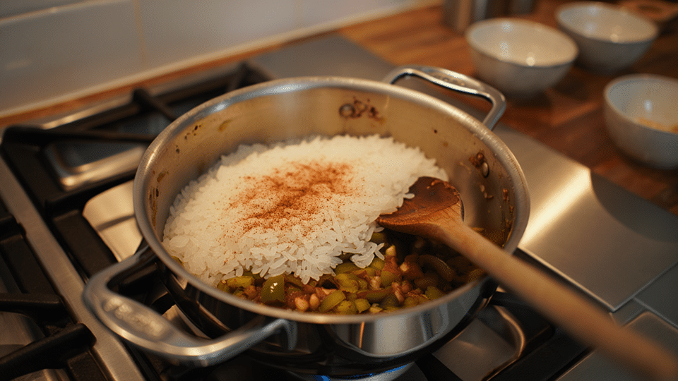 toast the rice with the spices to make arroz congri