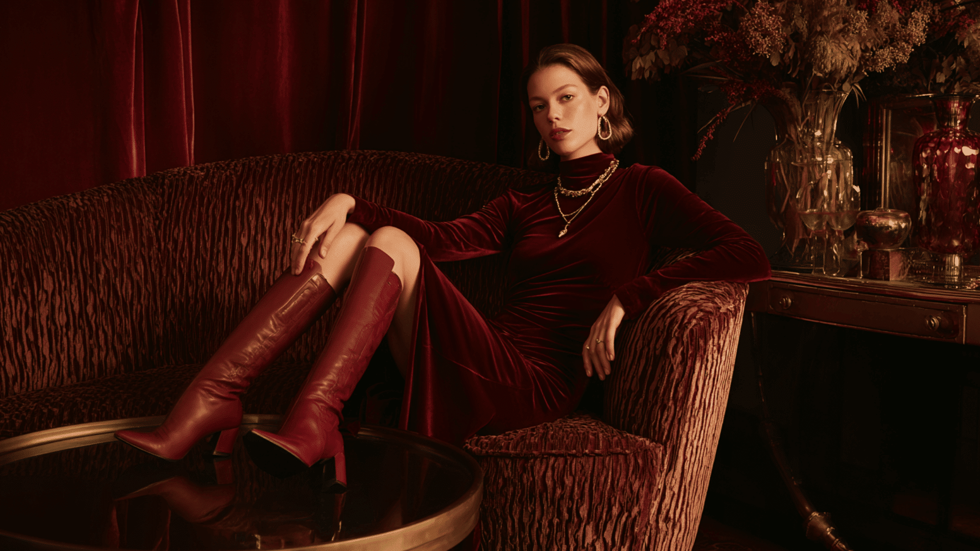 velvet midi burgundy knee highs