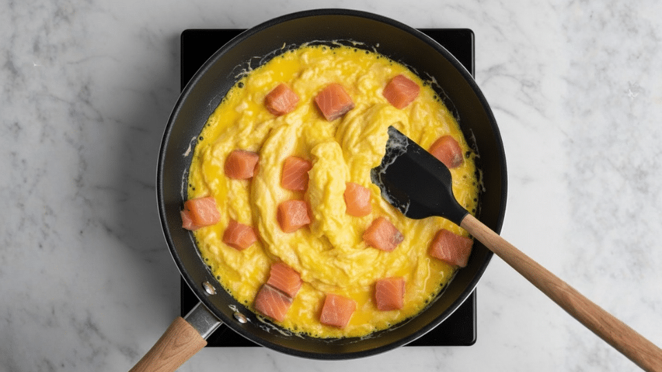 add the salmon for smoked salmon and scrambled eggs