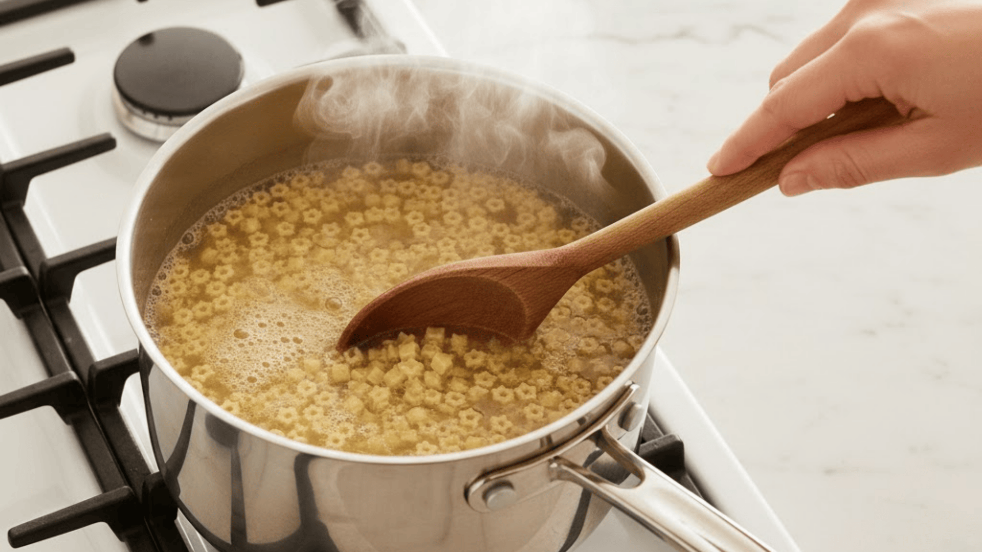 adding star shaped pastina pasta to boiling chicken broth in saucepan for traditional italian pastina recipe