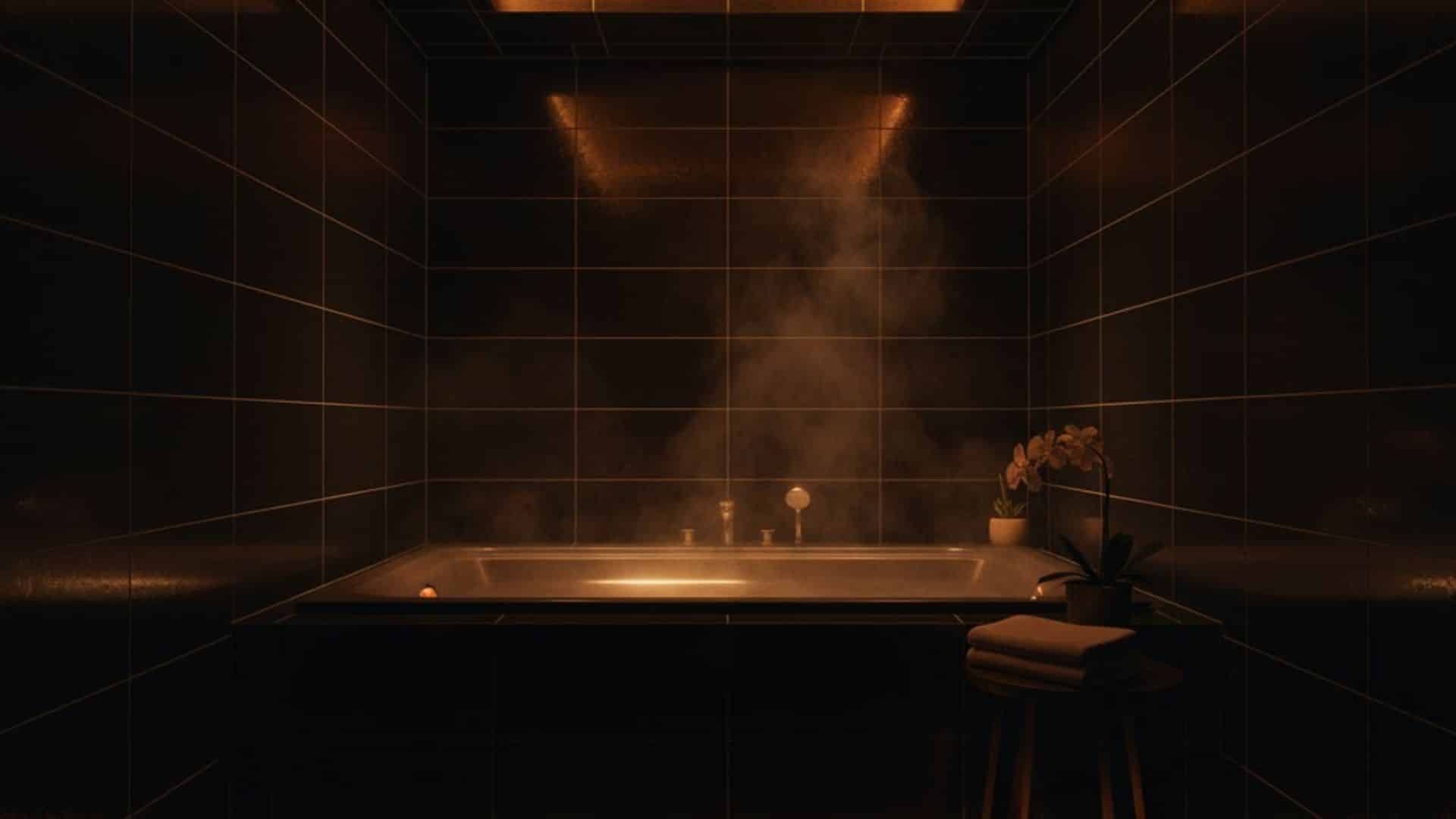 all black soaking room with amber lighting