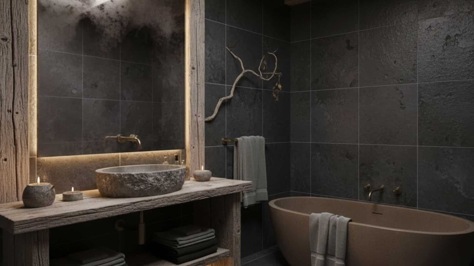 black tile wood wabi sabi bathroom