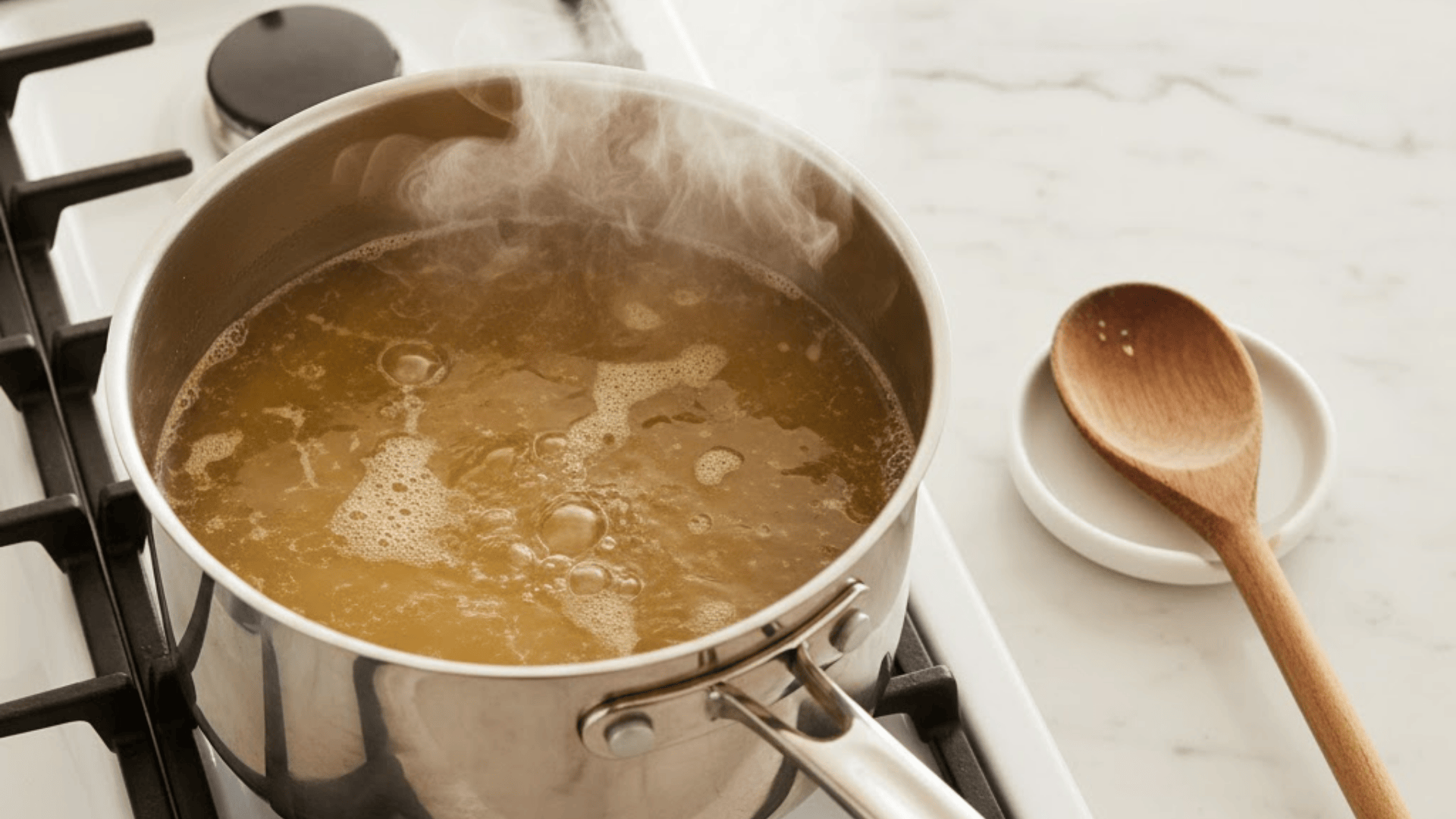 chicken broth boiling in stainless steel saucepan for pastina recipe on white gas stovetop