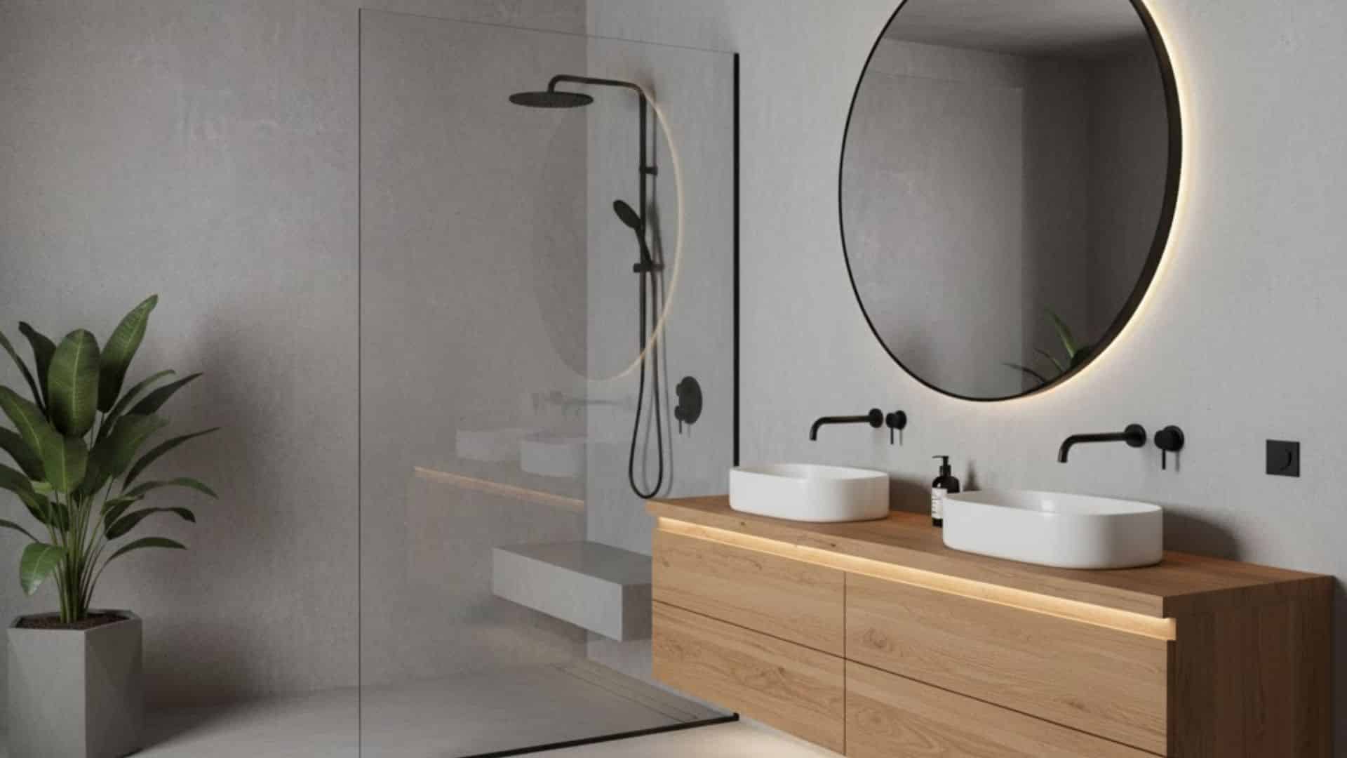 concrete bathroom with wooden countertops