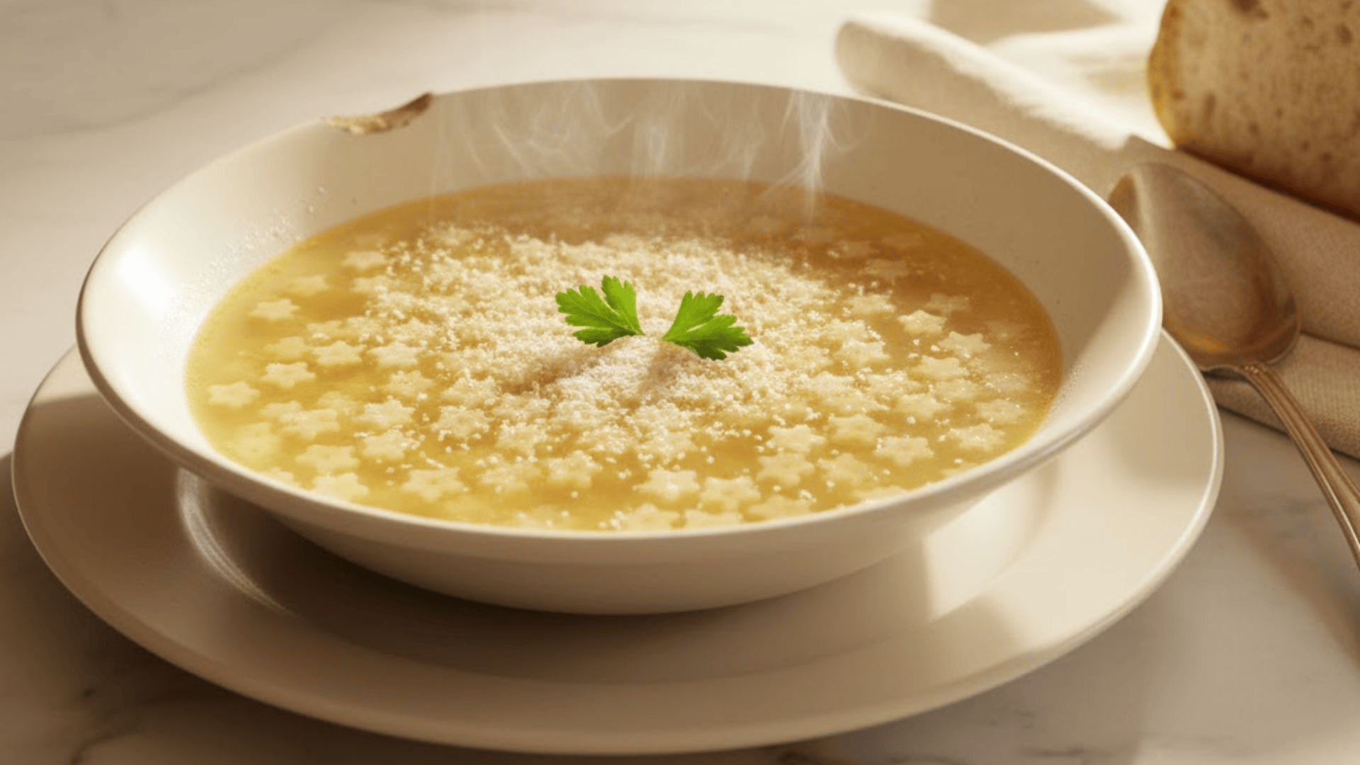 creamy homemade pastina recipe served in white bowl topped with parmesan cheese and parsley