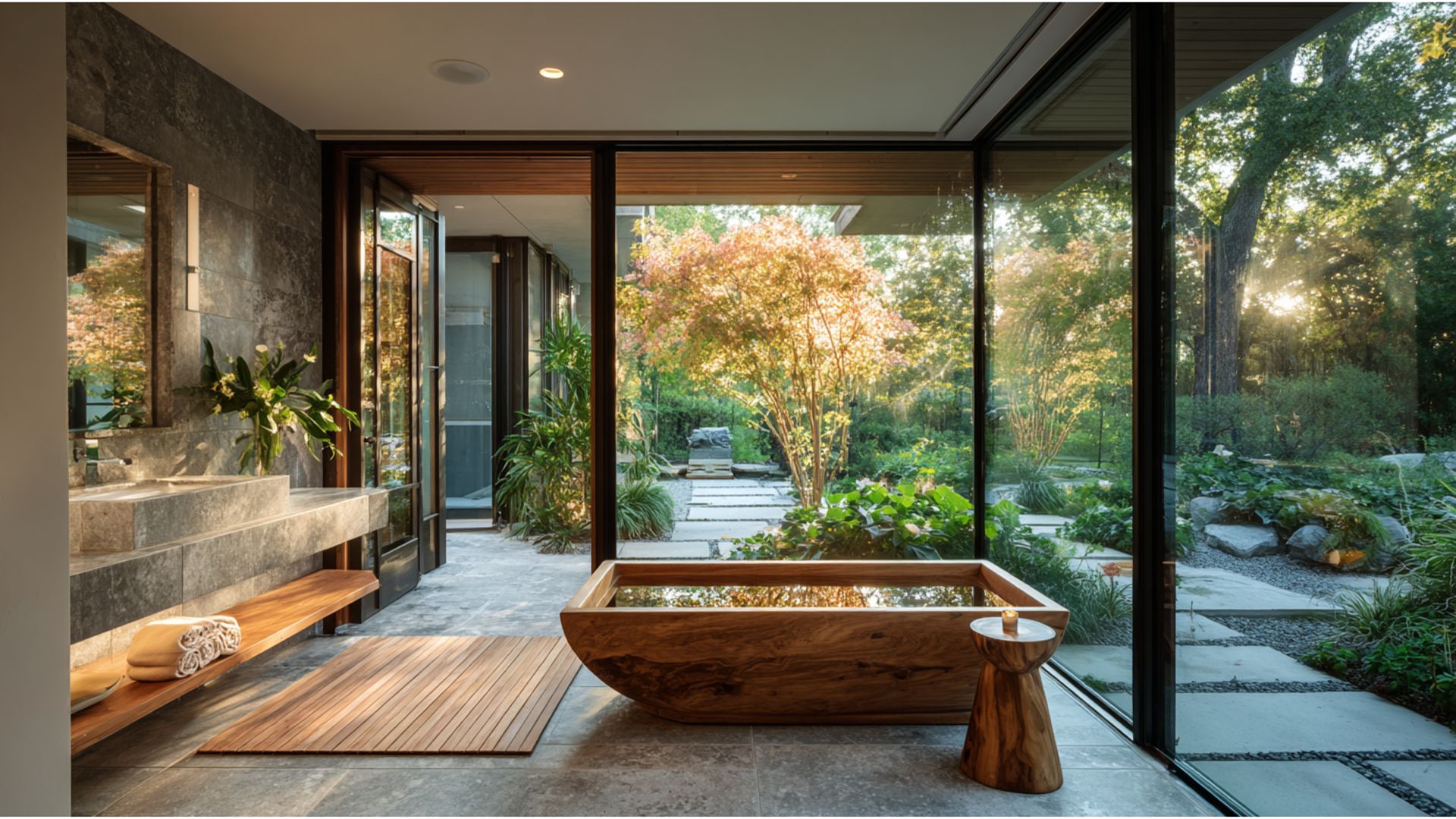 indoor outdoor bath with sliding glass walls