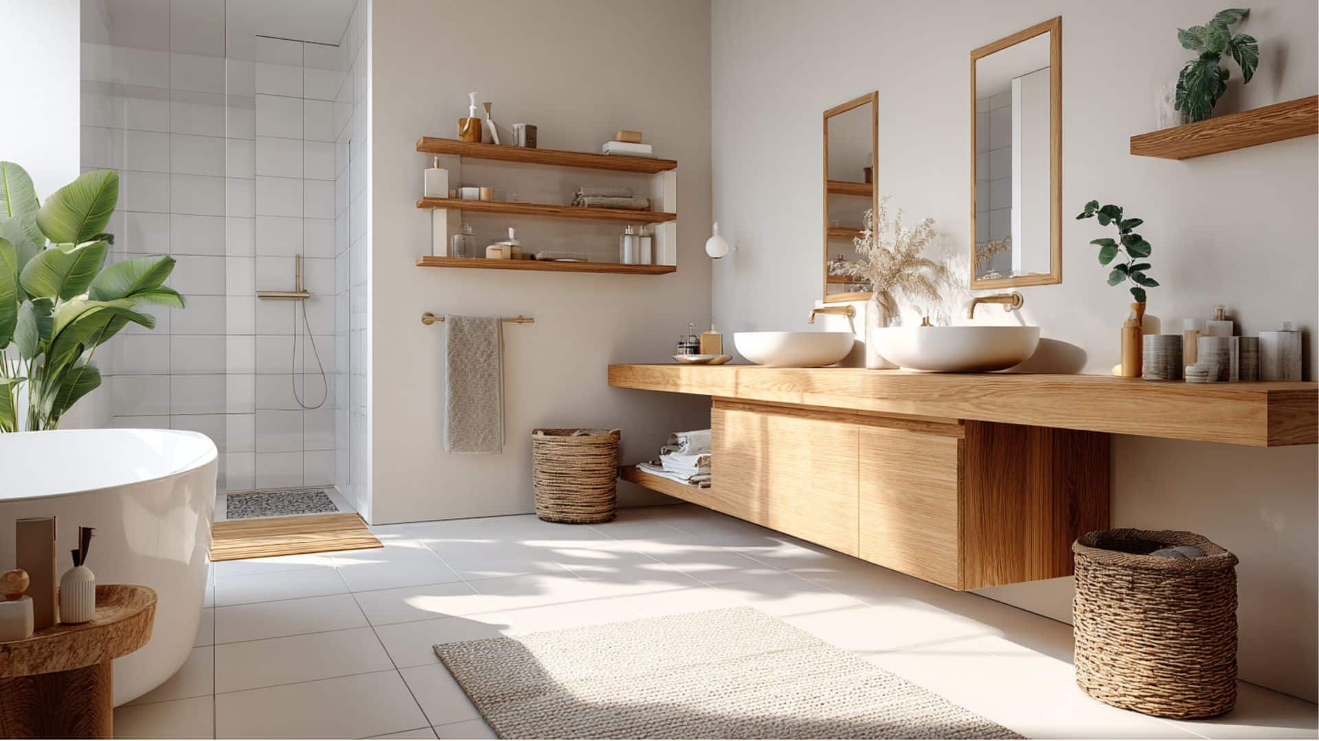 minimalist white bathroom with wood accents