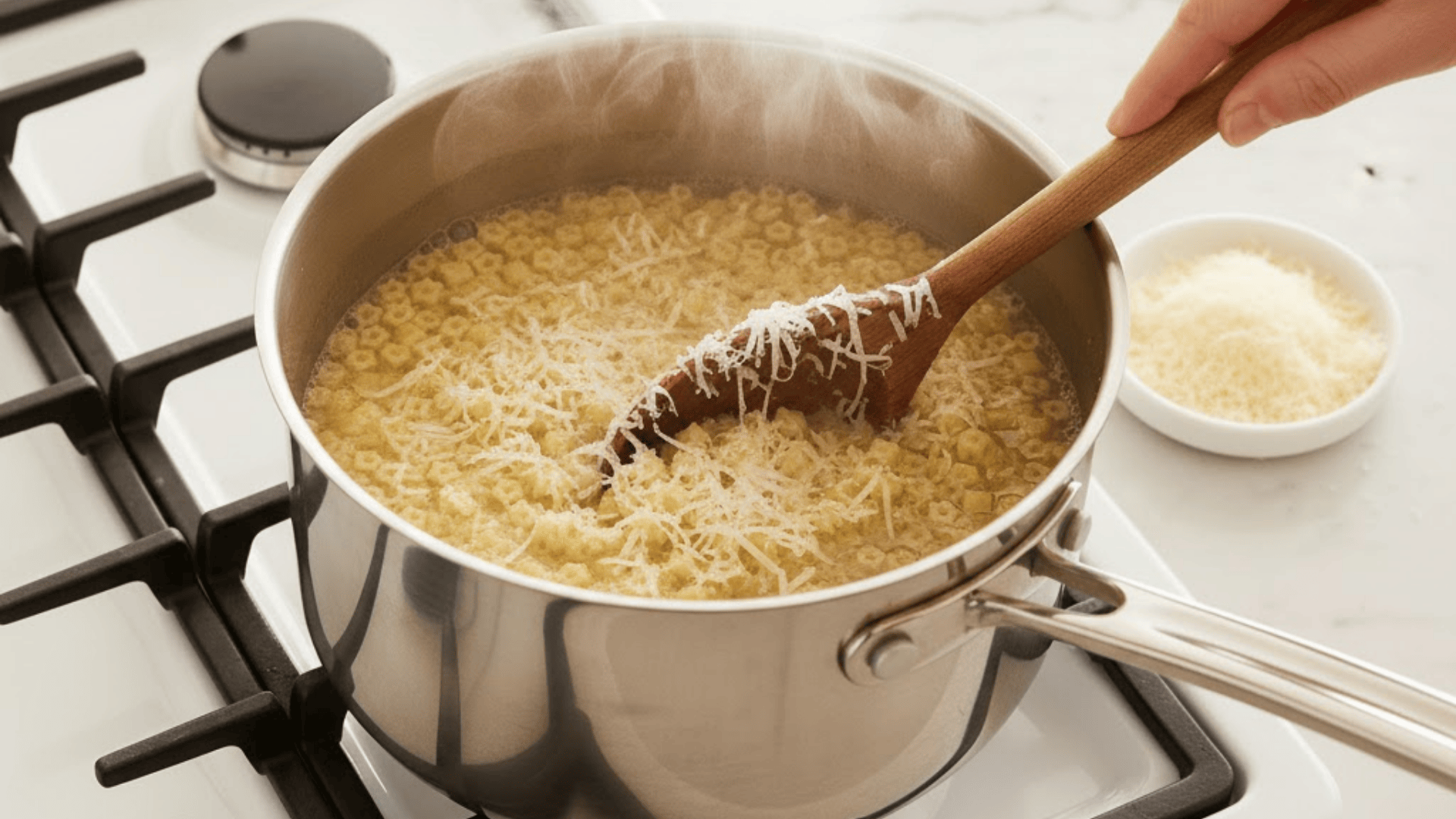 mixing freshly grated parmesan cheese into buttery pastina for authentic italian comfort food recipe
