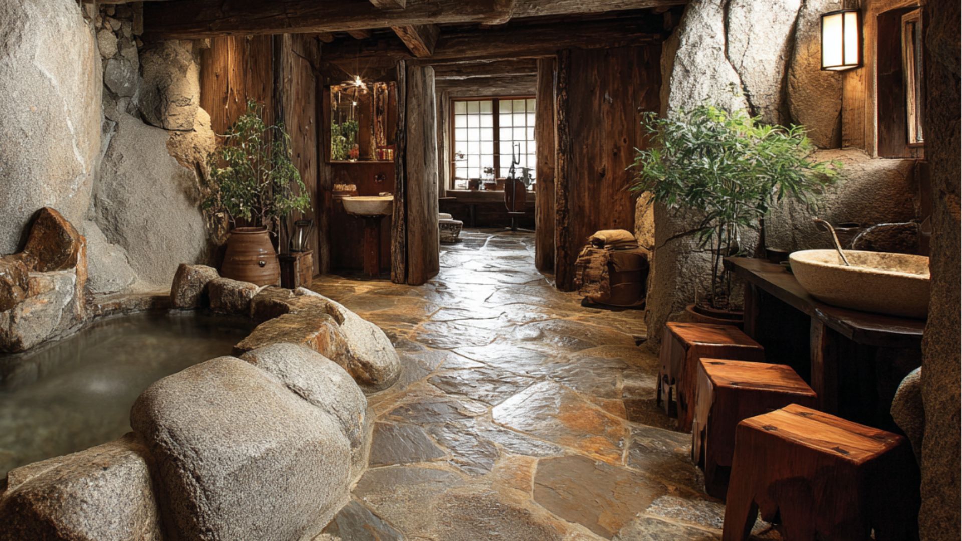 onsen inspired bathroom with hot springs