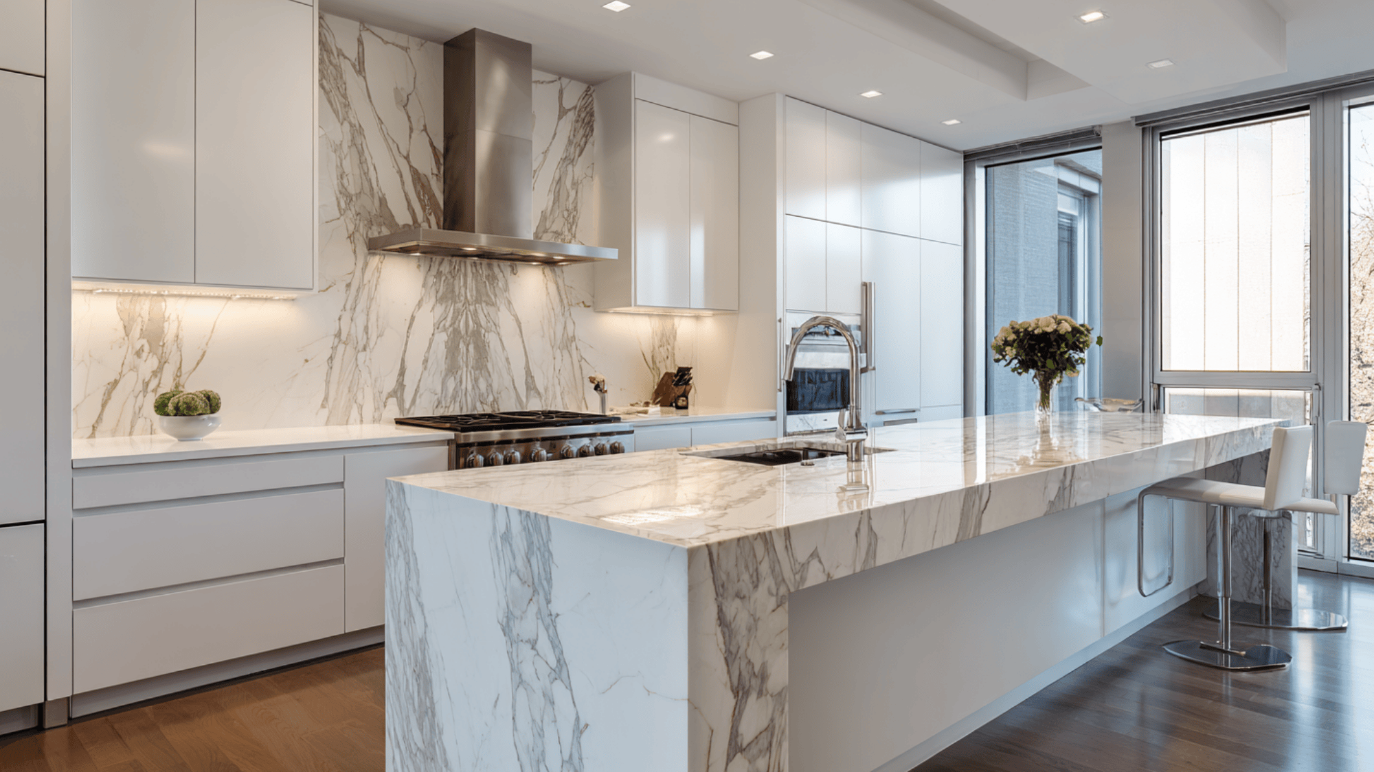 porcelain slab counters with luxury waterfall edges