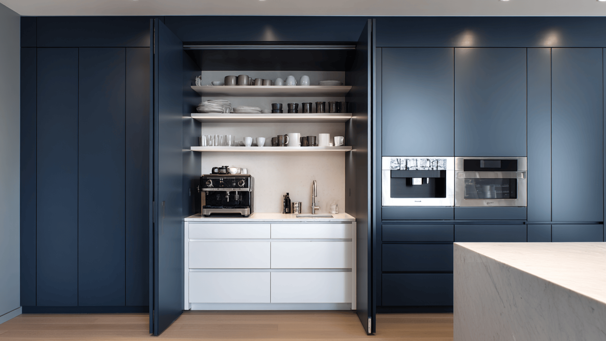 prep kitchen tucked behind custom cabinetry