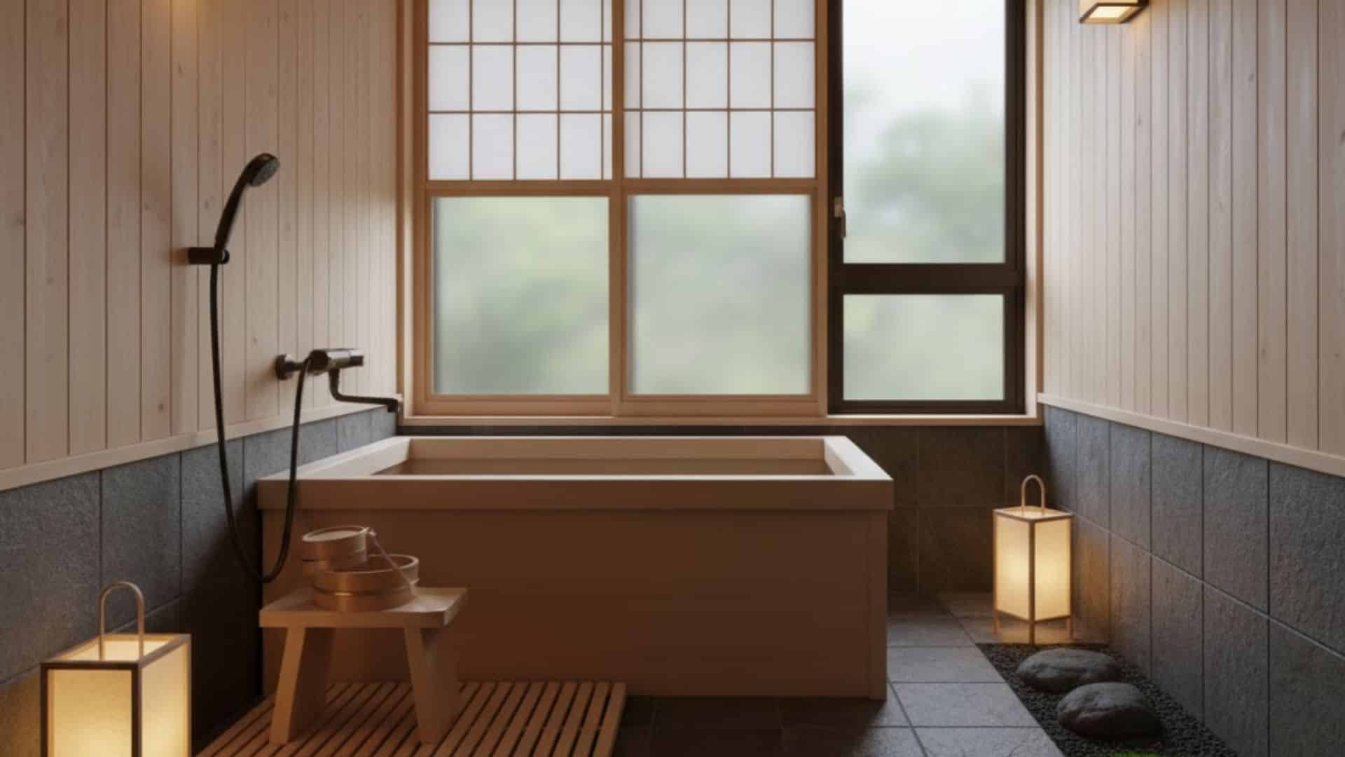 ryokan style bath with lantern lighting