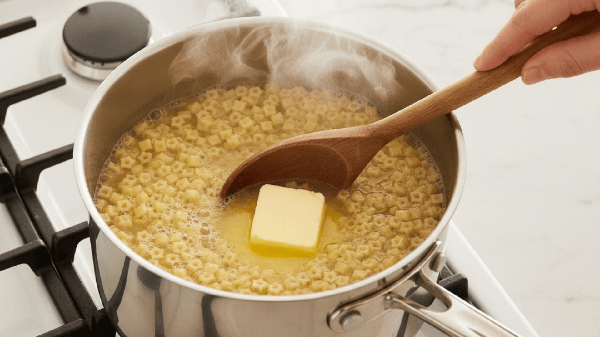 stirring butter into cooked pastina pasta to create creamy texture for classic pastina recipe