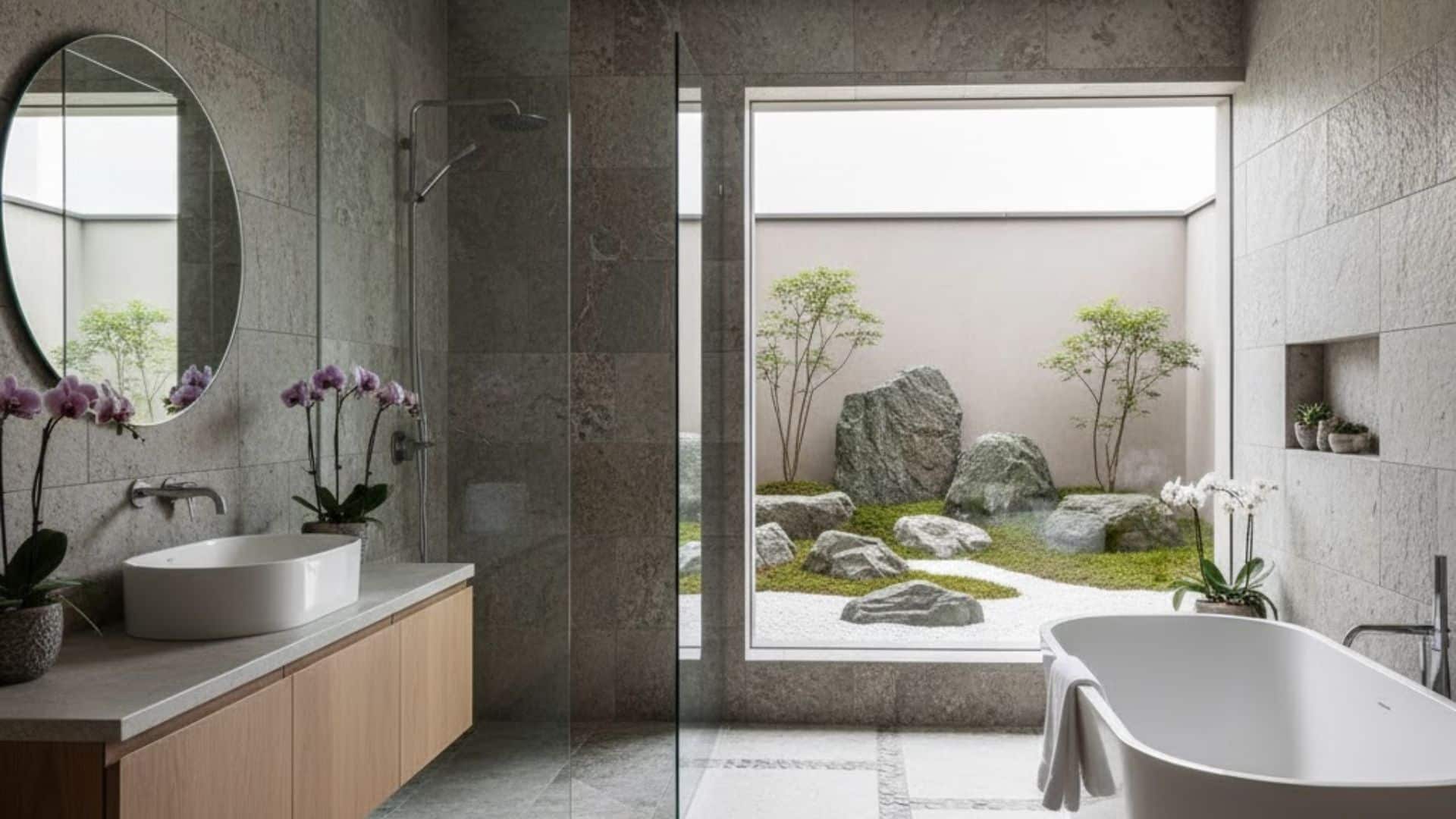 stone bathroom with rock garden view