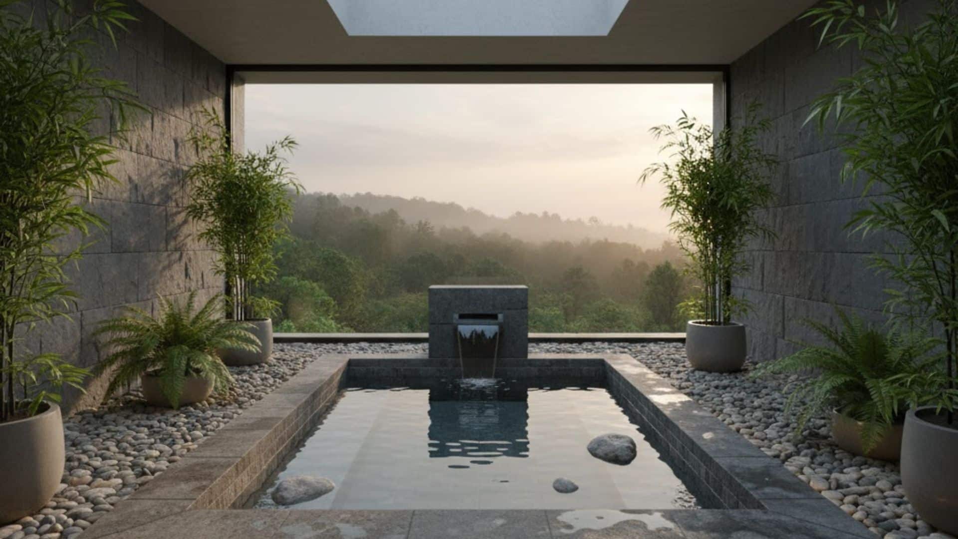 sunken floor soaking tub with river stones