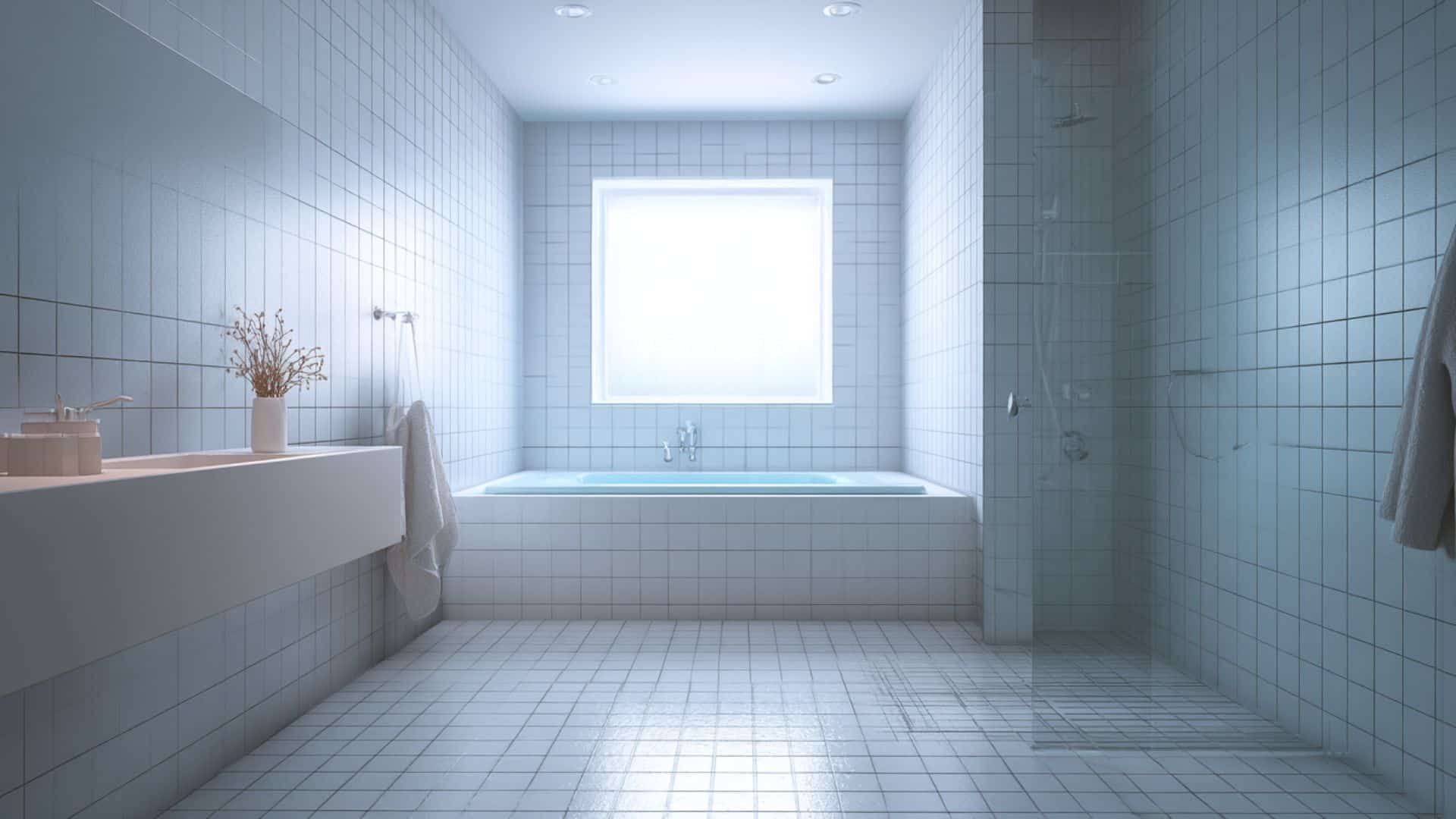 wet room with tiled shower bath