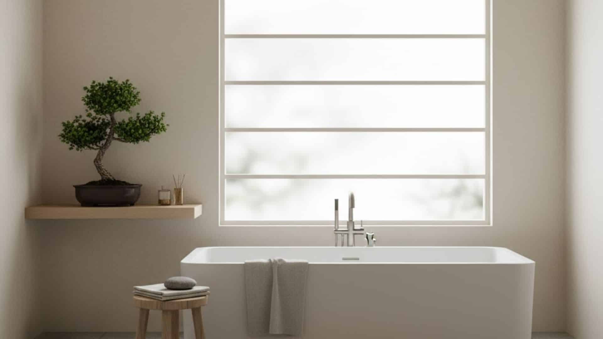 zen bathroom with bonsai shelf