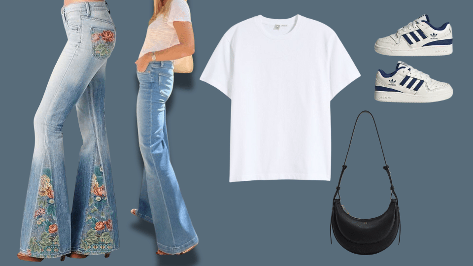 classic white tee and sneakers with flare jeans