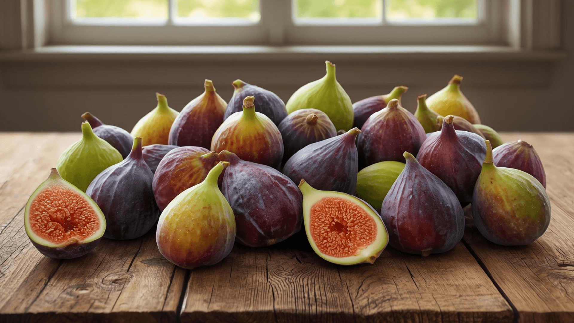 types of figs in dark purple green and yellow shades arranged on a rustic wooden table with two halved figs