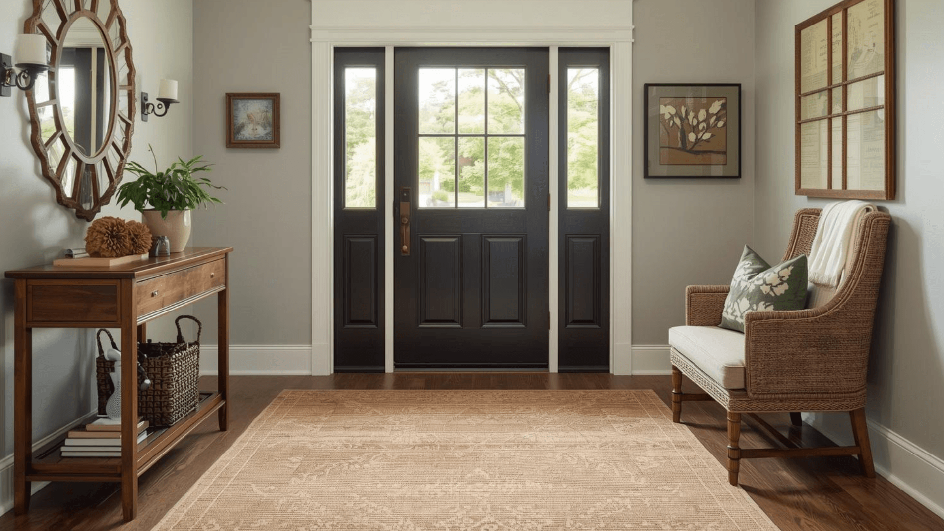 clear walking path through an entryway with a black front door and a wide rug between a wood console and a wicker bench