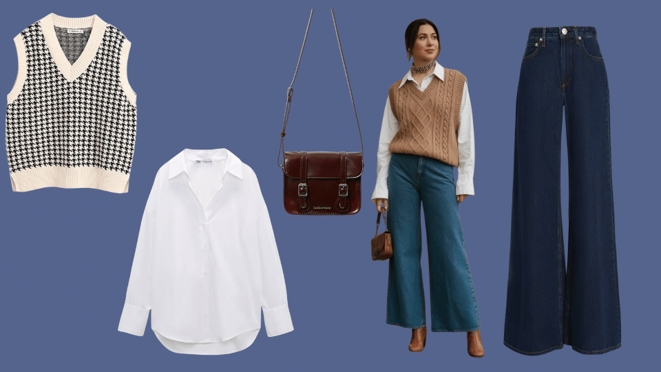 knit vest over collared shirt for preppy layers