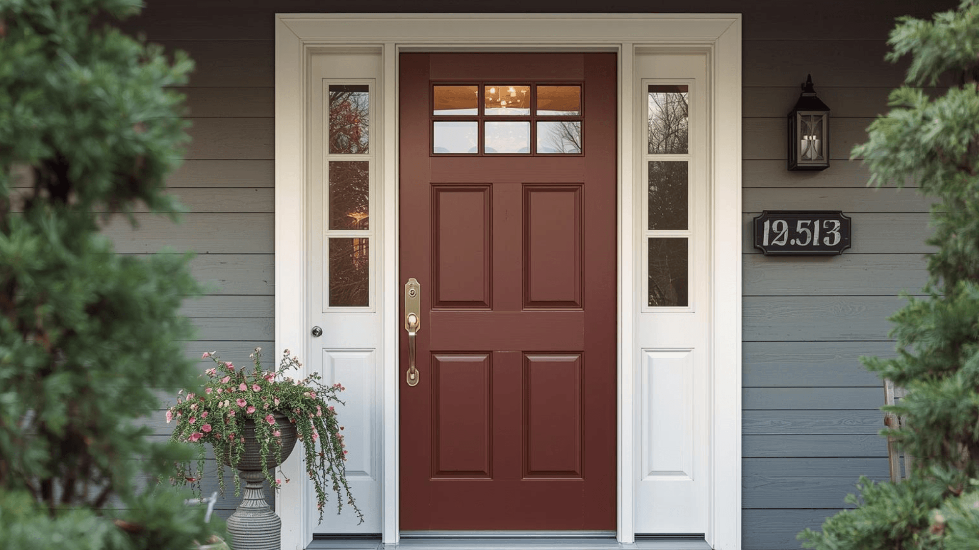 front door that opens smoothly painted deep burgundy with white sidelights and a black wall lantern against gray siding