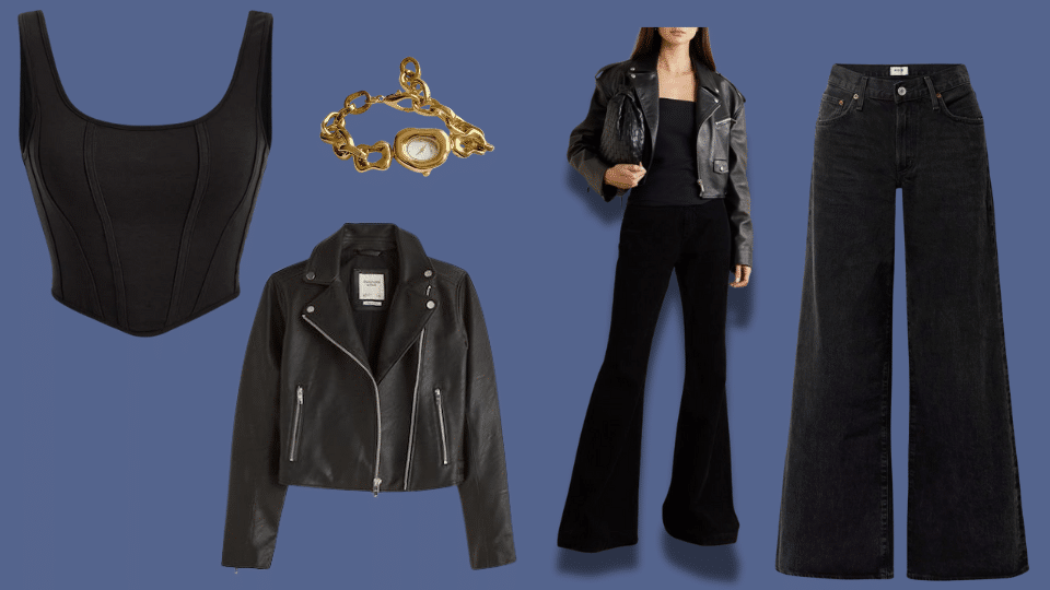 monochrome black flare jeans outfit for sleek minimalism