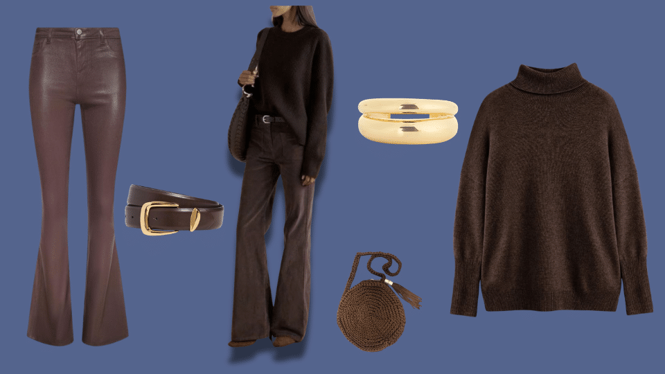 monochrome flare jeans outfit for cohesive trend appeal