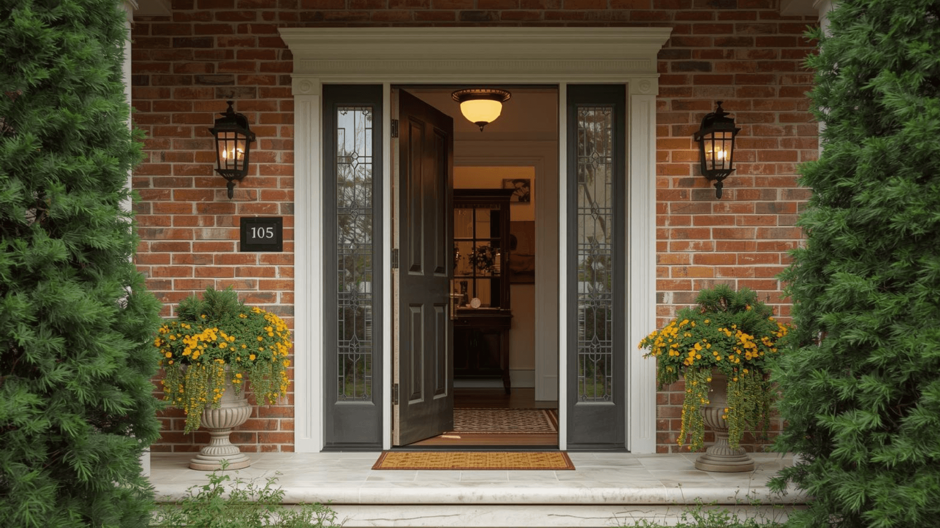bright steady entryway lighting from twin wall lanterns beside an open black front door and yellow flower planters on brick