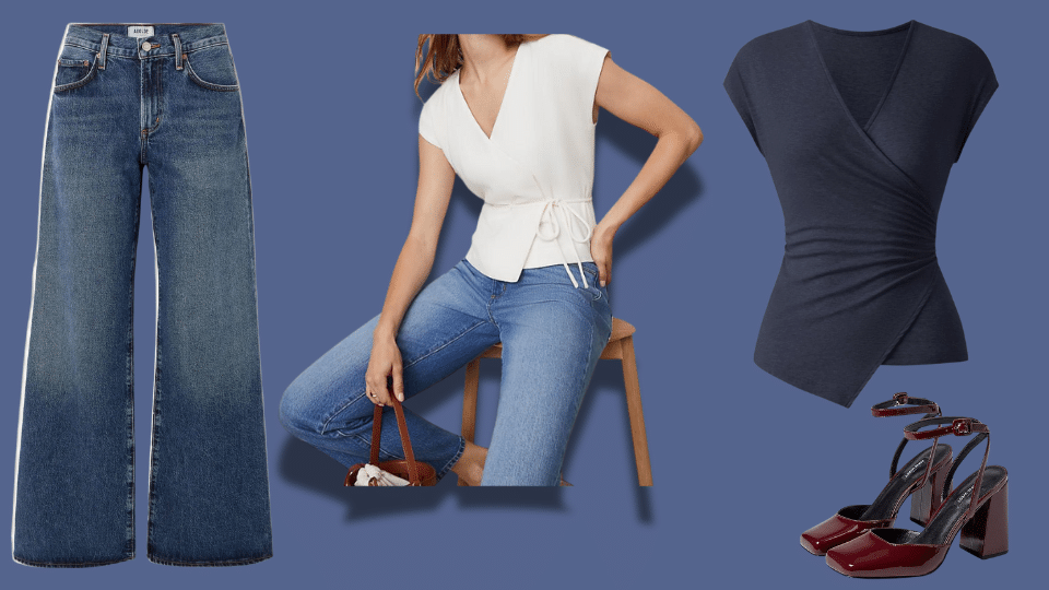 wrap top and block heels for feminine workwear